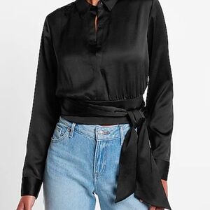 Satin Tie Front Banded Bottom Portofino Shirt